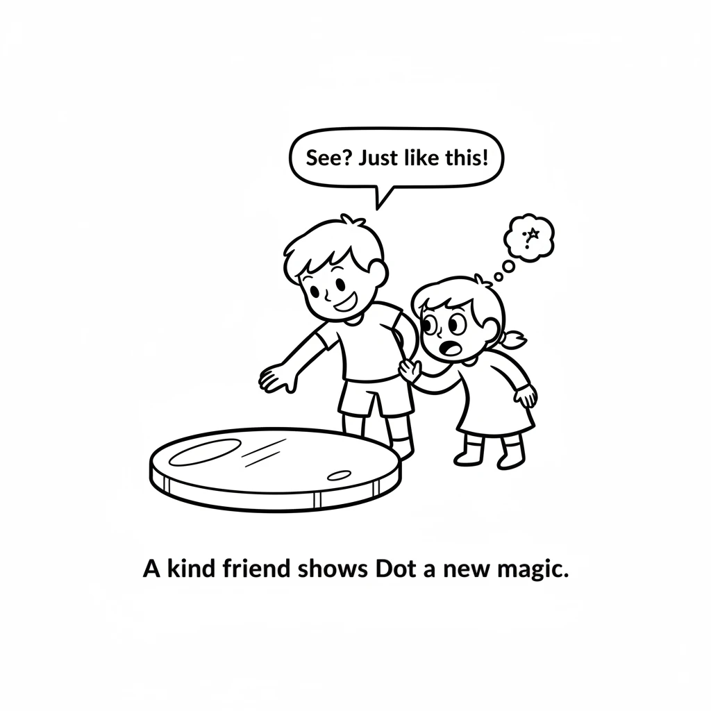 A kind, taller friend noticed Dot's wonder. With a gentle smile, they showed Dot how to reach out and touch the smooth surface. Dot watched closely, e