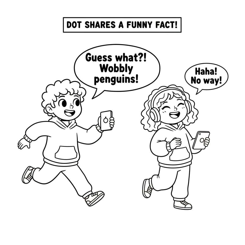Dot couldn't wait to share! Running to a friend, Dot excitedly told them a funny fact about a wobbly penguin. Both friends giggled, happy to share new