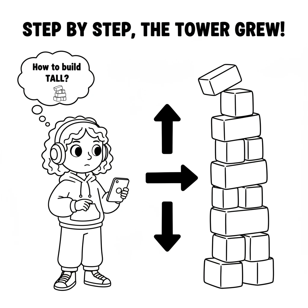 One day, Dot wanted to build a super tall tower, but didn't know how. Dot remembered the screen and looked up simple building instructions. Step by st