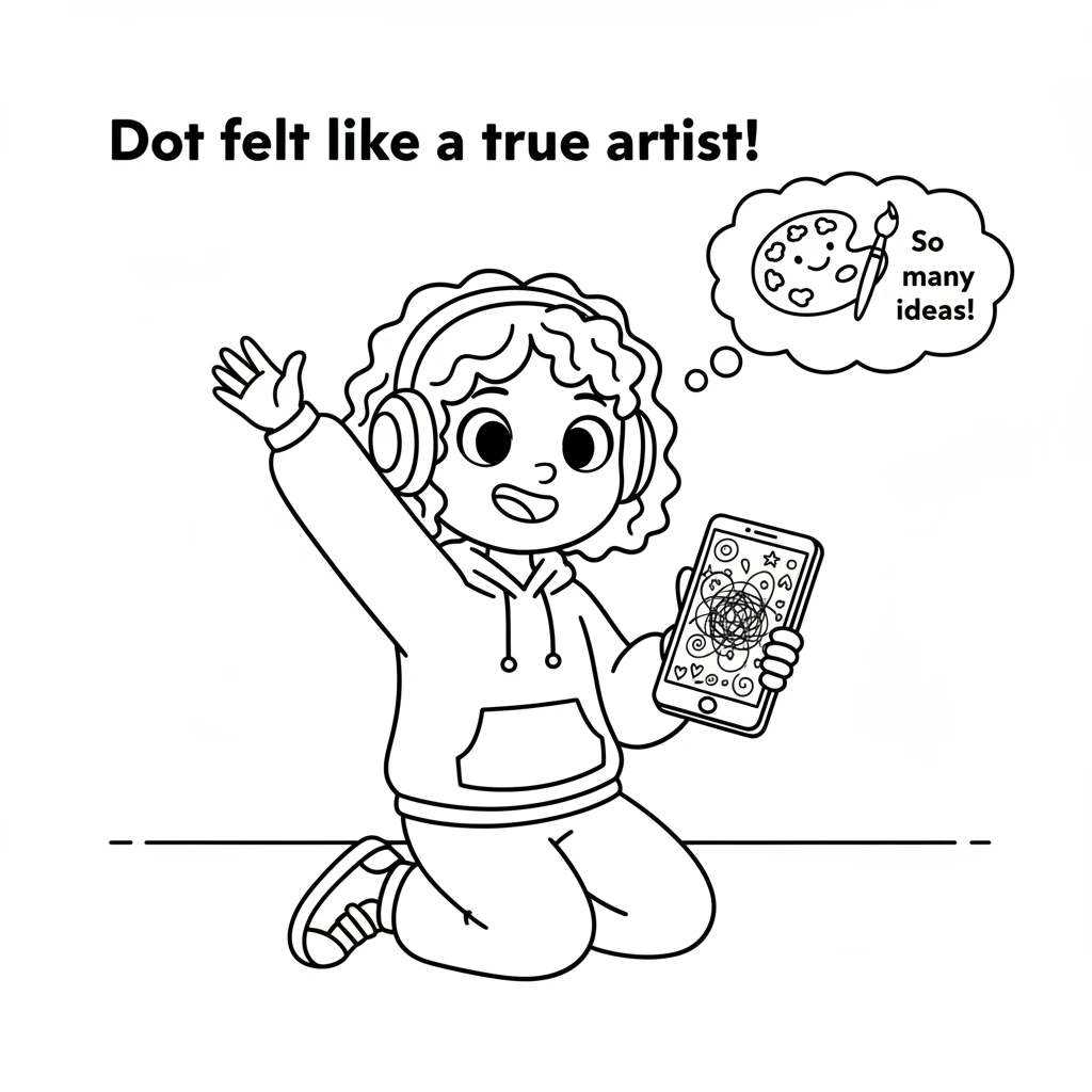 Dot then tried making art, drawing swirling lines and happy shapes right on the screen. A colorful masterpiece appeared with just a few taps. Dot felt