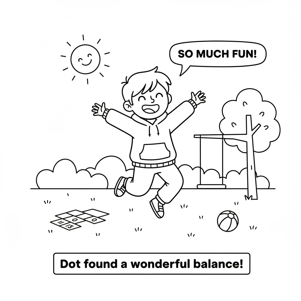 Outside, Dot played happily under the warm sun, feeling joyful and refreshed. Dot knew the online world was fun for learning and creating, but also lo