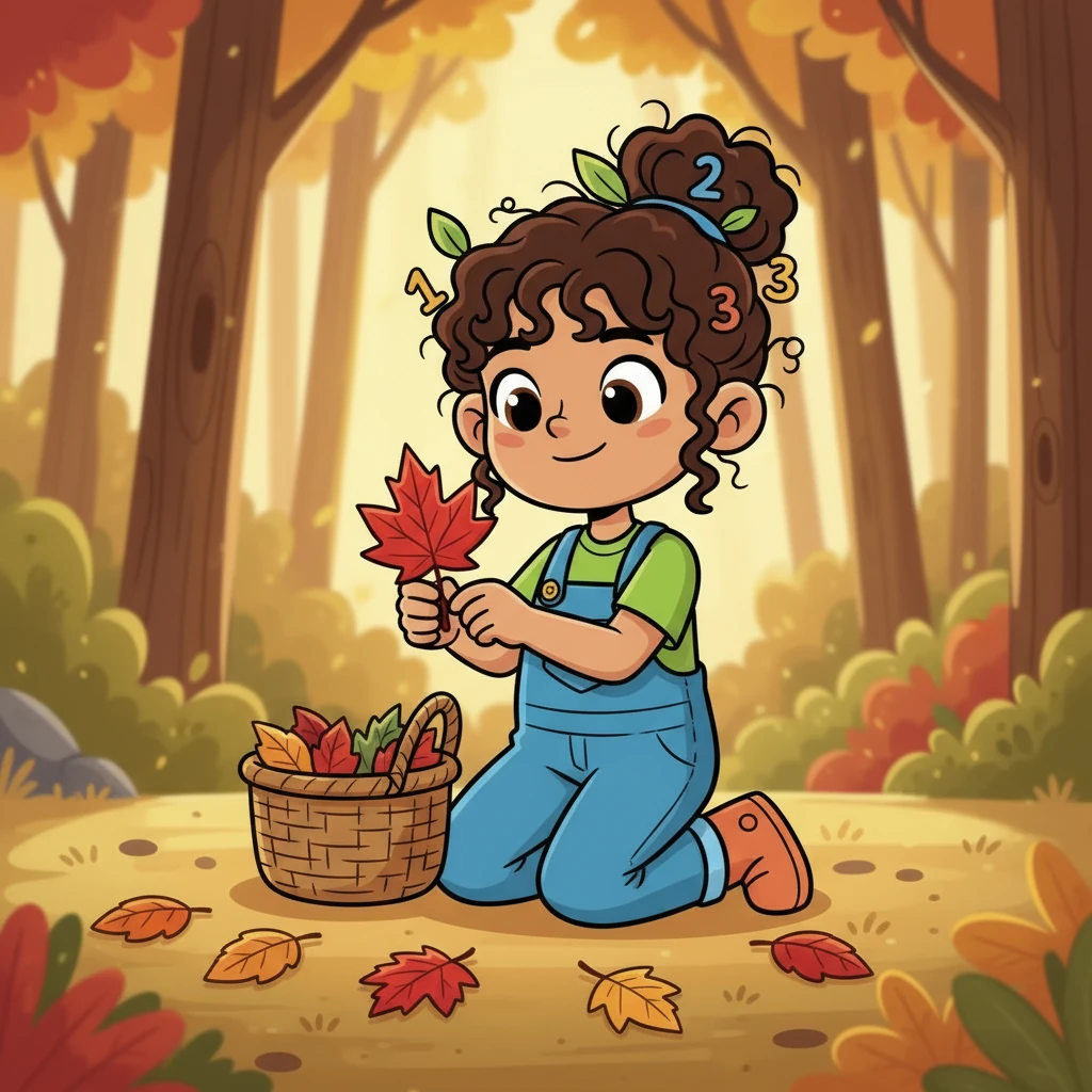 First, Flora spotted a single, perfect red leaf fluttering gently to the ground. She carefully picked it up, admiring its shape and color, and placed it gently in her basket. One leaf found!