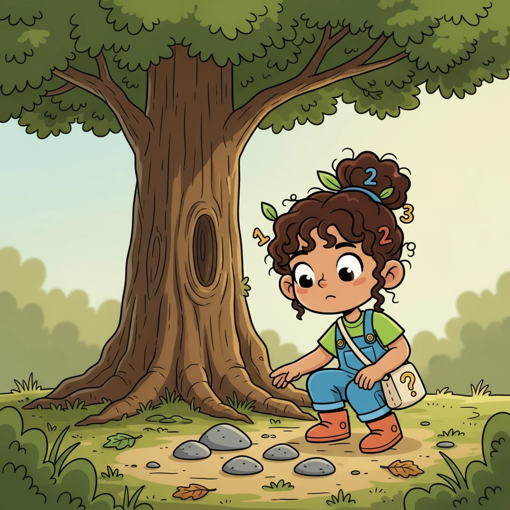 Next, Flora drew the number '4'. She looked around, her eyes scanning the ground and the trees. She found four smooth, grey rocks nestled near the base of a tall oak tree.