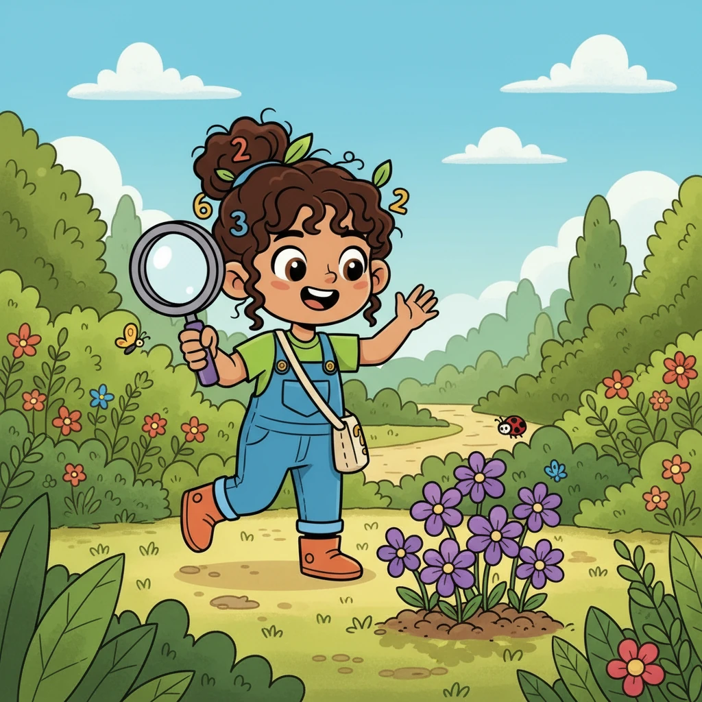 Flora then drew the number '7'! She giggled as she searched, her little legs carrying her further into the garden. Finally, she found seven beautiful purple flowers blooming in a sunny patch.