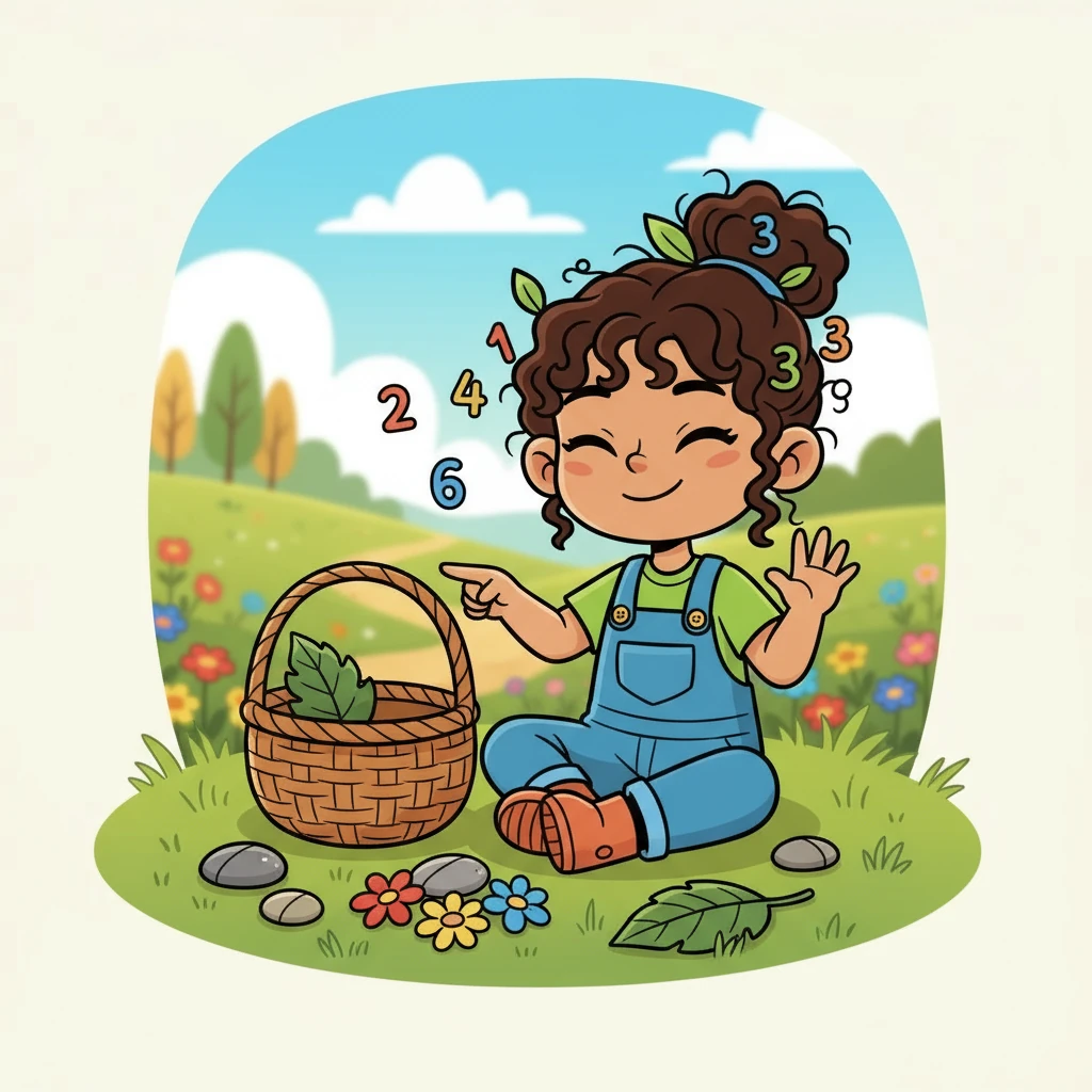 Flora, tired but happy, sat beside her basket, filled with her treasures. She counted each item: the leaf, the rocks, and the flowers. She smiled, proud of her nature finds and her newfound number skills.