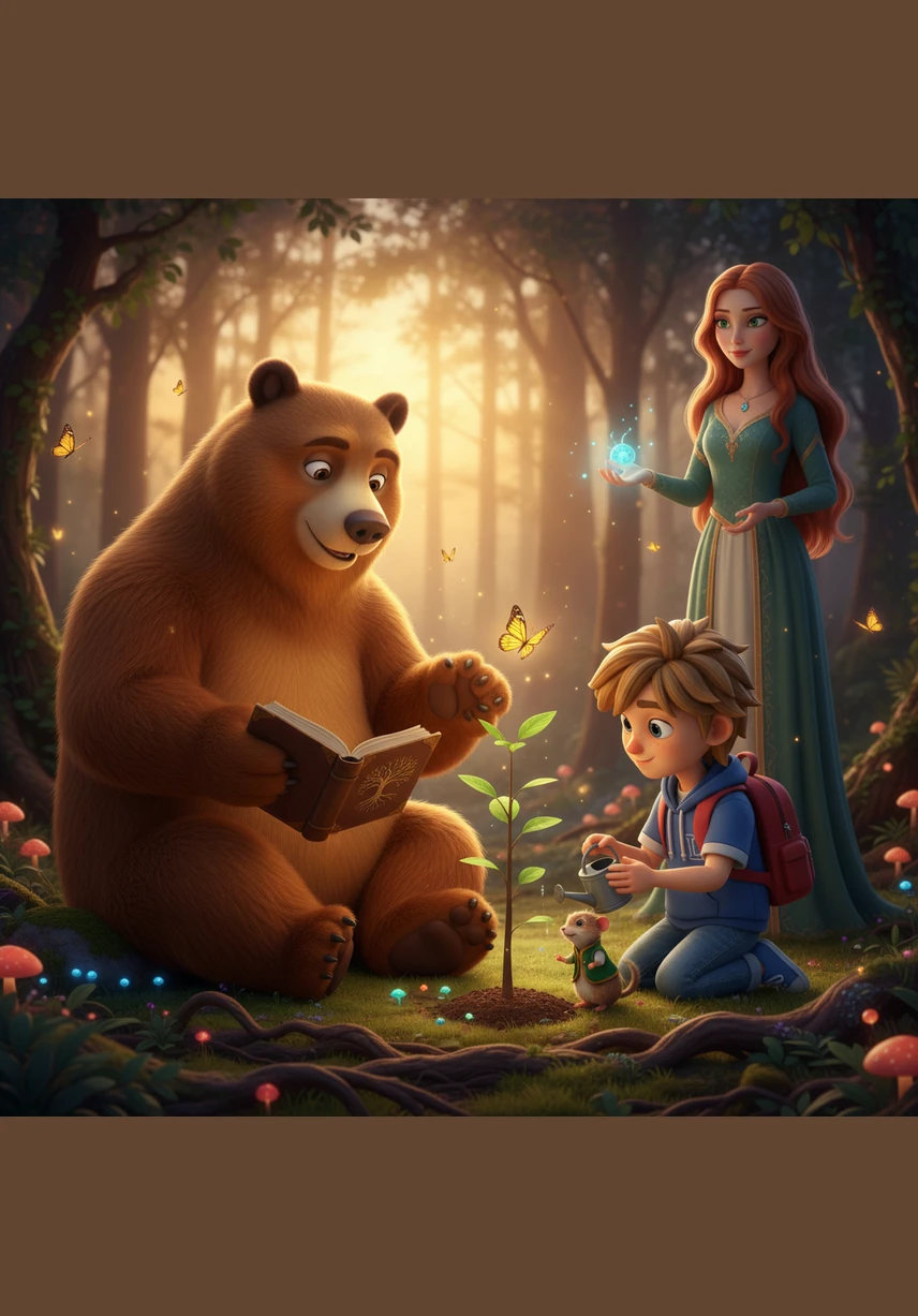 Leo kneels in the soft dirt, carefully patting the soil over his seed while Mr. Aris watches with a gentle, encouraging smile. The teacher explains that learning is much like gardening; it requires time, steady care, and a lot of heart.