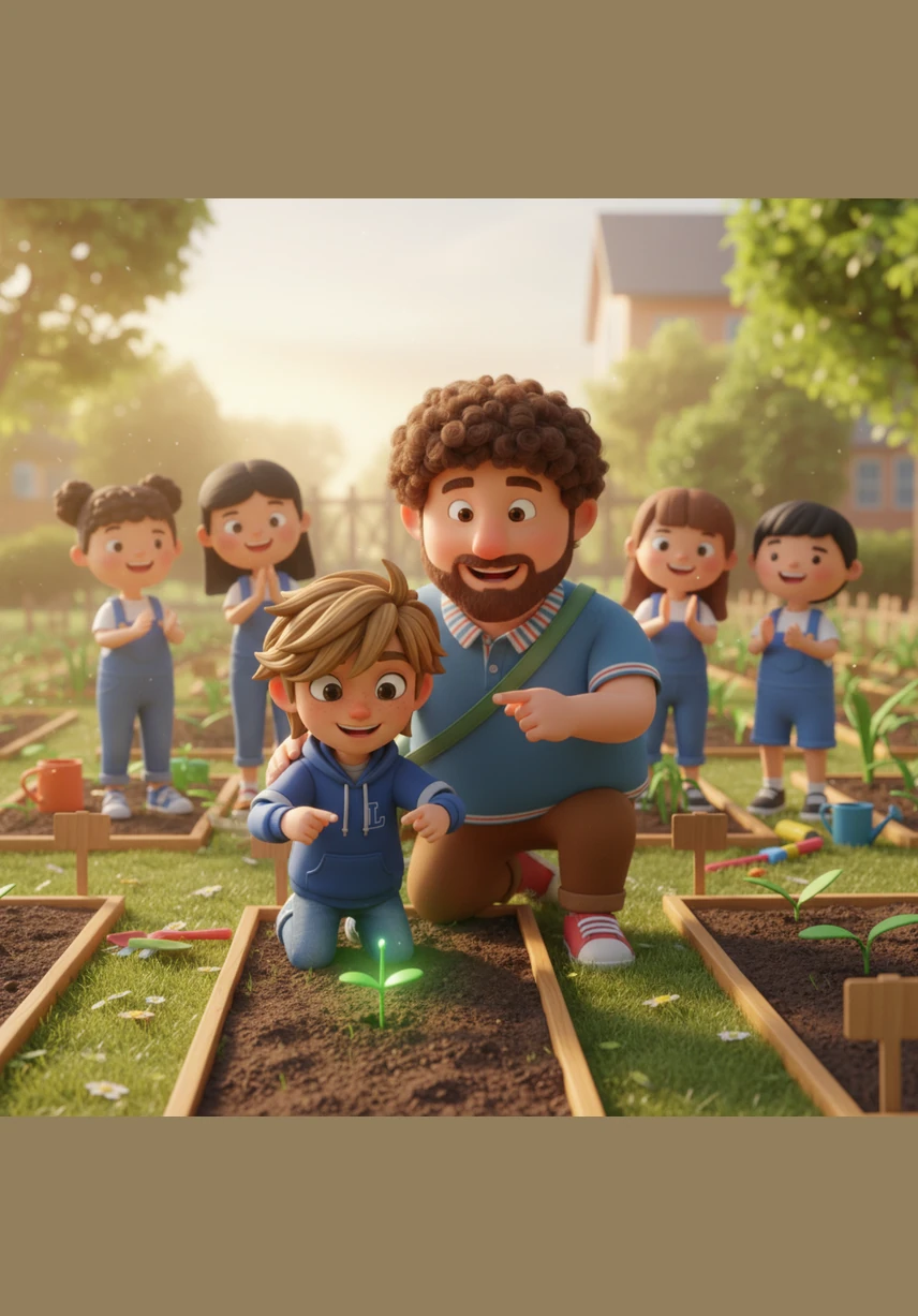 One morning, a tiny sliver of emerald green finally breaks through the surface of Leo’s plot, glowing softly in the golden dawn light. Leo cheers with pure joy, realizing that his hard work and his teacher's belief in him have finally started to bloom.