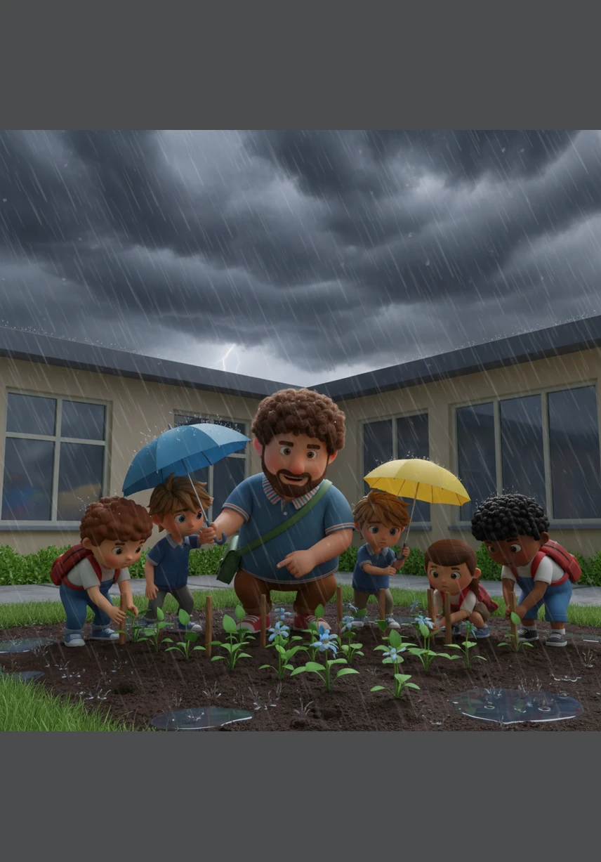 Dark clouds gather and a sudden summer storm lashes against the school, threatening to wash away the delicate young plants. Mr. Aris and his students rush outside with small umbrellas and wooden stakes, working as a team to shield their precious garden from the wind.