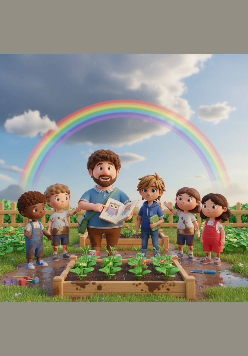 As the rain clears and a brilliant rainbow stretches across the sky, the students see that their garden has survived the storm, looking stronger and more vibrant than before. They stand together, muddy and tired, but deeply proud of what they achieved through cooperation and courage.
