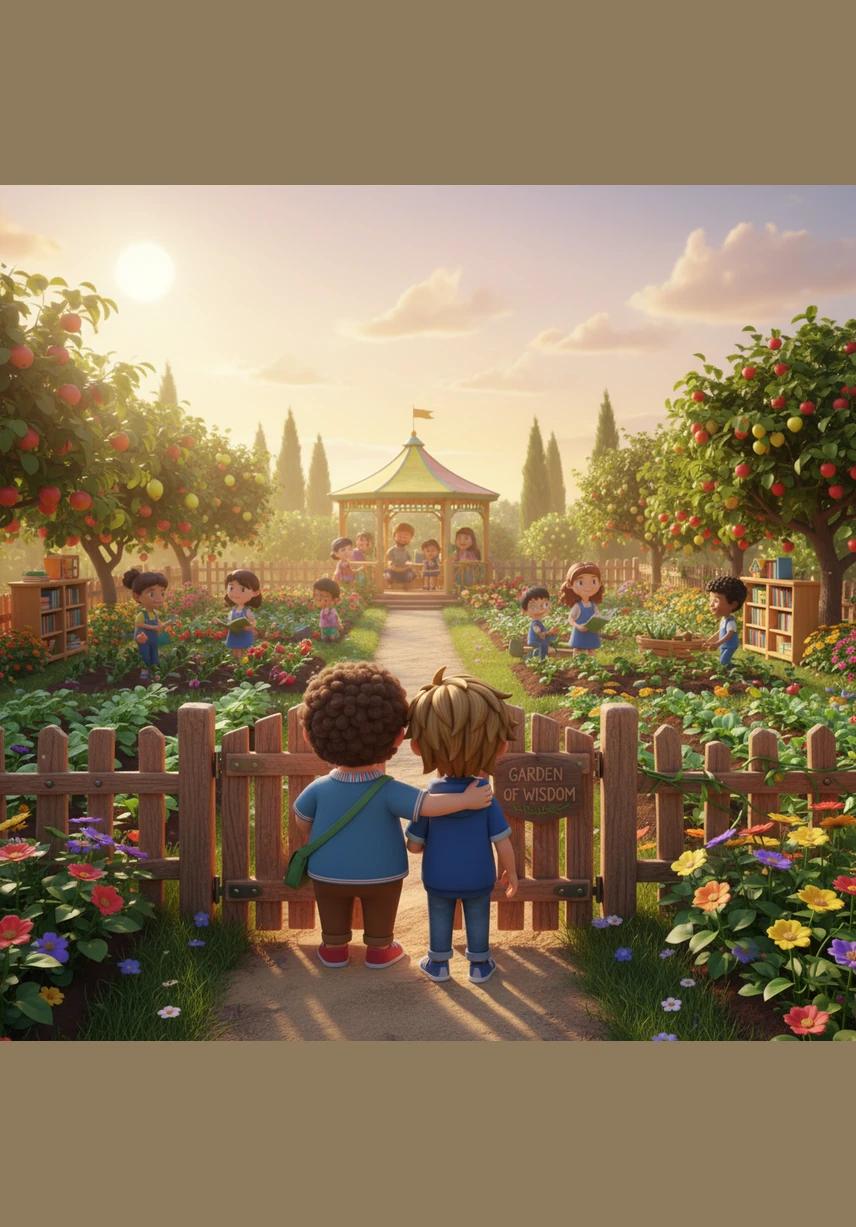 The Garden of Wisdom becomes a place where the whole community comes to learn and grow, a lasting testament to the bond between teacher and student. Mr. Aris and Leo stand at the gate, looking at the thriving life they helped nurture together under the sun.