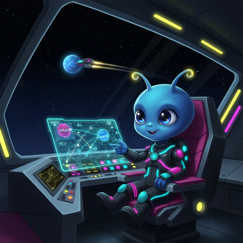 Zylo, a tiny alien with shimmering eyes, gazed at the star map in its sleek, neon-lit cockpit. Its home planet, Xylos, glowed faintly in the distance as its small, angular spaceship, the "Star-Skipper," set a course for the legendary blue planet: Earth. A sense of excited curiosity pulsed through Zylo's antennae.