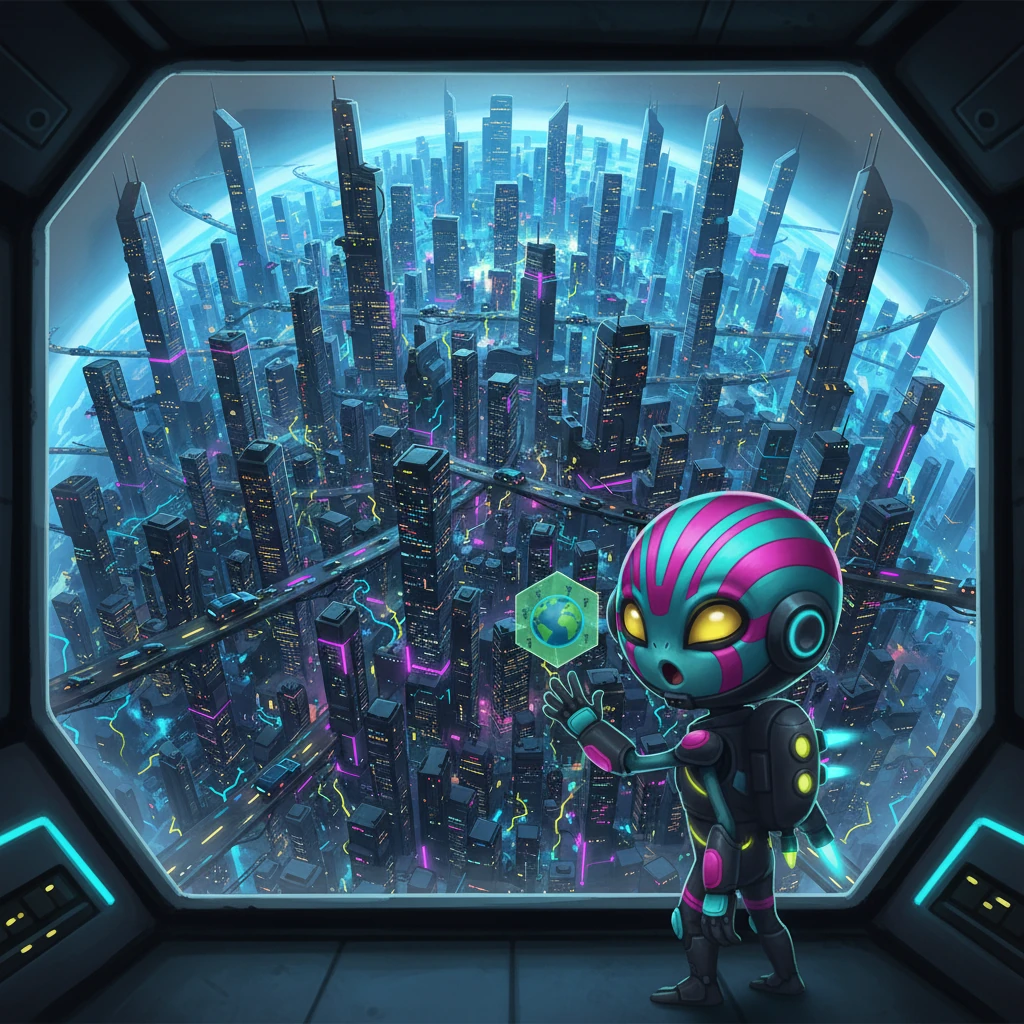 Through the viewport, Earth appeared as a swirling canvas of electric light, a sprawling cyberpunk metropolis stretching across continents. Towering structures pierced the perpetually twilight sky, crisscrossed by glowing sky-lanes where sleek vehicles zipped silently. Zylo's heart-equivalent fluttered at the sight of such vibrant, organized chaos.