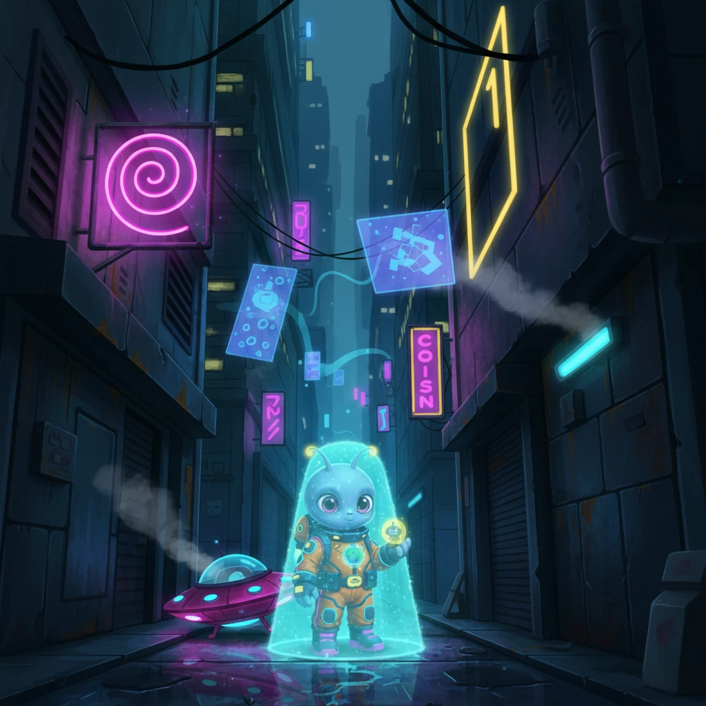 The Star-Skipper descended silently, cloaked by an advanced stealth field, landing softly in a narrow, forgotten alleyway between two colossal, grimy skyscrapers. Neon signs flickered above, casting long, shifting shadows on the wet, metallic ground. The air hummed with an unfamiliar energy.