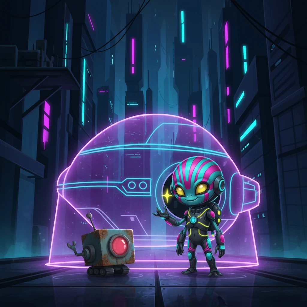 A small, rusty maintenance bot, its optical sensor glowing dull red, trundled past, momentarily pausing to observe the strange, shimmering outline of Zylo's ship. Zylo, peeking from the hatch, mimicked its movements, a playful spark in its multifaceted eyes. The bot whirred and continued its patrol, seemingly unfazed.