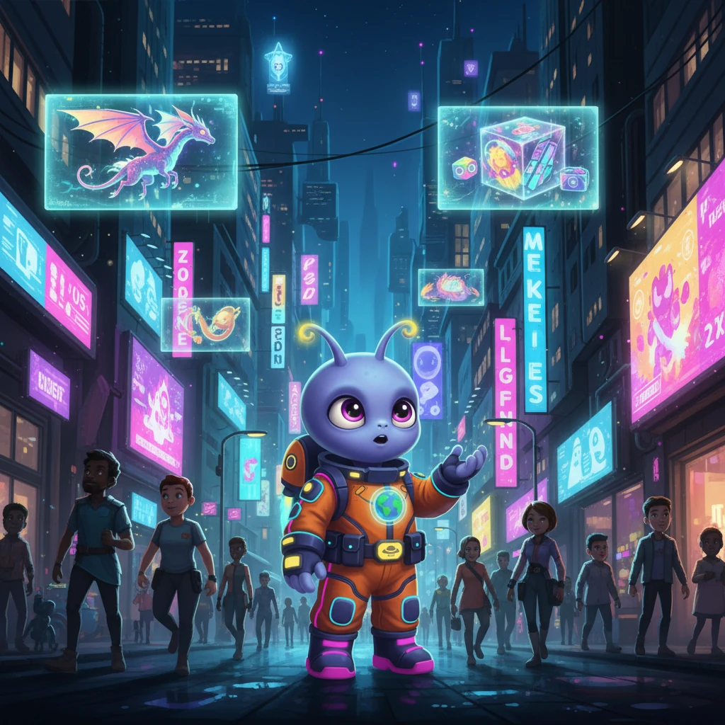 Venturing out, Zylo was mesmerized by the city's pulse. Holographic advertisements danced in the air, projecting fantastical creatures and shimmering products. The streets thrummed with a diverse crowd of humans and augmented beings, all moving with purpose under the perpetual glow of a thousand neon signs.