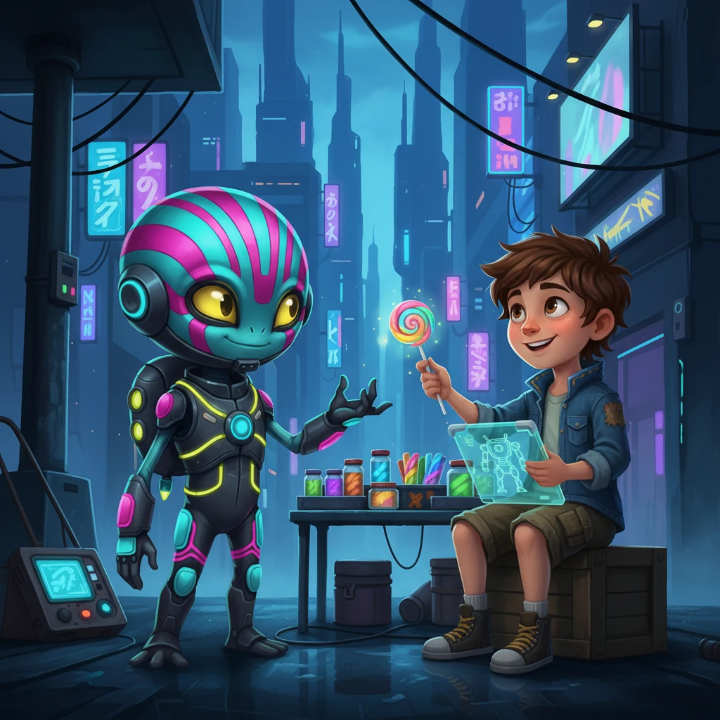 Near a street vendor selling glowing nutrient pastes, Zylo noticed a human child, named Kael, with bright, curious eyes, sketching on a datapad. Kael looked up, catching Zylo's gaze. Instead of fear, a smile spread across Kael's face, offering a shared, brightly colored candy.