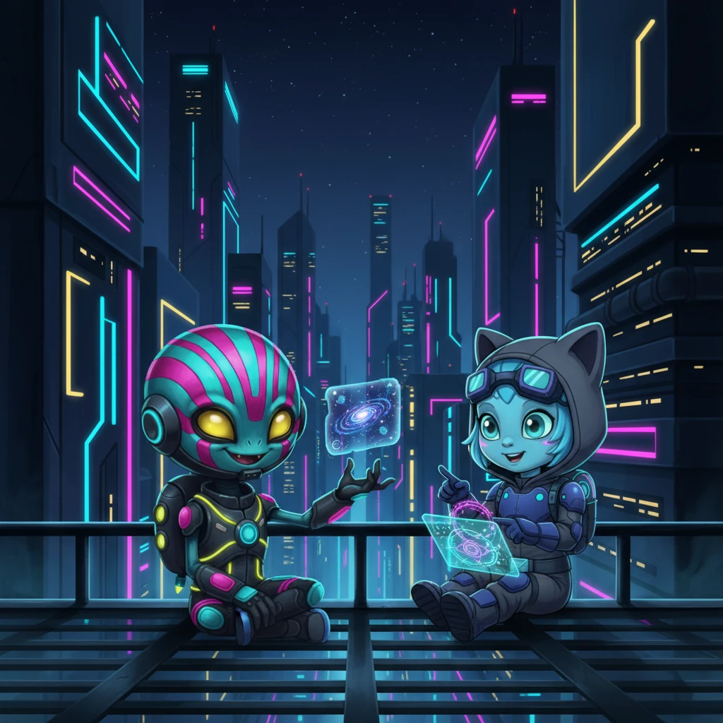 Zylo, using its universal translator, introduced itself to Kael. They spent hours sharing stories and showing each other wonders: Zylo revealed a tiny holographic star map of its galaxy, while Kael demonstrated how to create intricate designs using light-paint on the datapad. A bond of friendship formed amidst the urban glow.