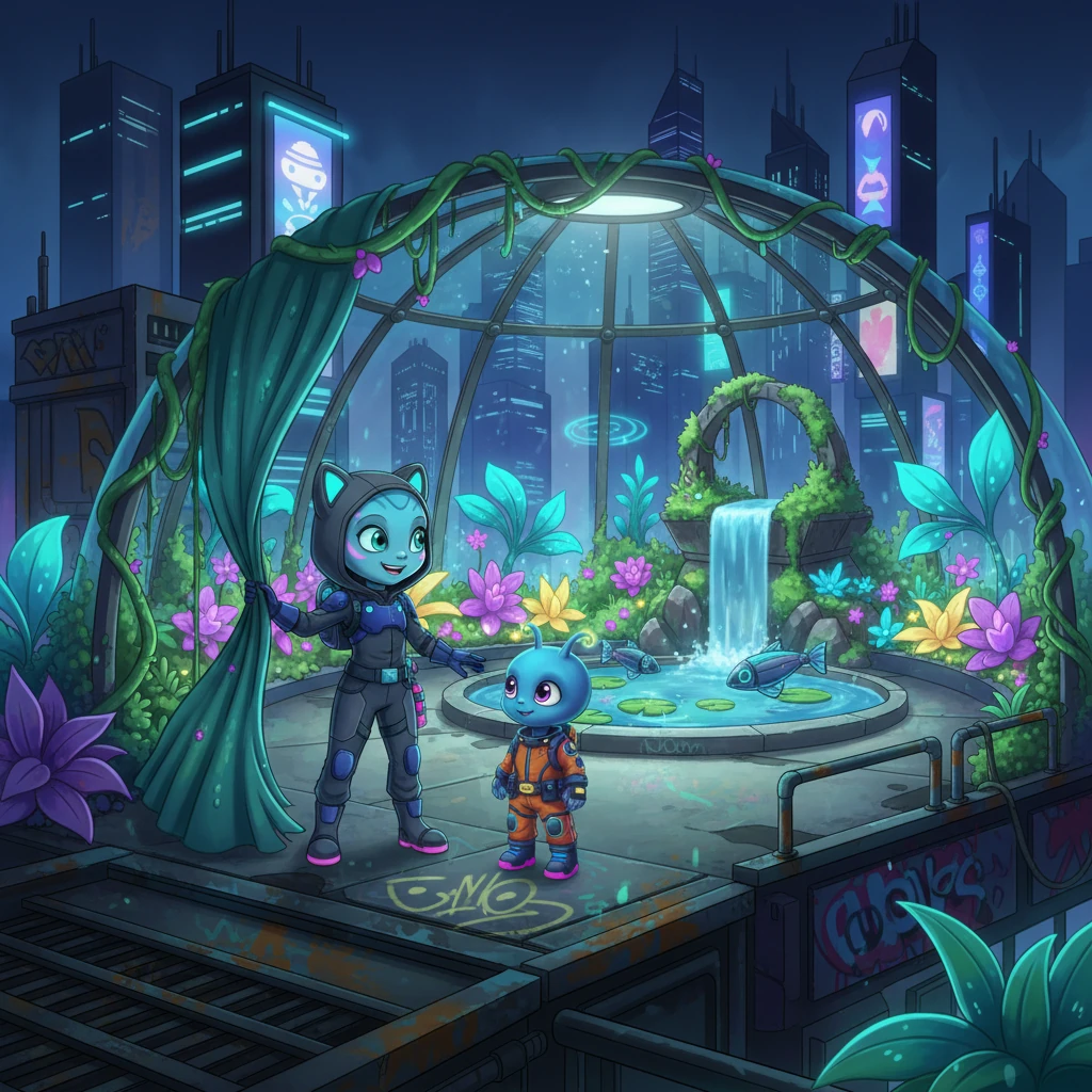 Kael led Zylo through a hidden, overgrown access tunnel, revealing a secret rooftop garden flourishing under a bio-luminescent dome. Rare, glowing plants pulsed with soft light, and a gentle waterfall cascaded into a pond where robotic fish swam. It was a serene oasis amidst the city's relentless energy, a true marvel.