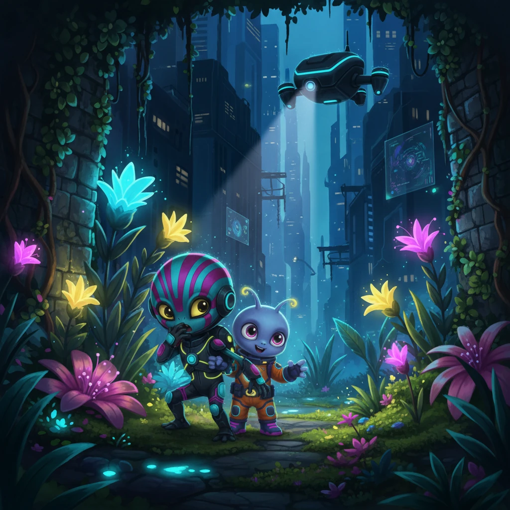 Suddenly, a patrolling security drone hovered near, its searchlight sweeping the garden. Kael quickly pulled Zylo behind a cluster of glowing flora. They held their breath, giggling softly as the drone passed, their shared secret making their adventure even more thrilling.