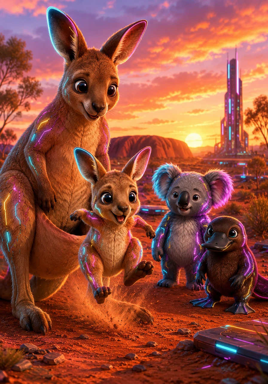 Kip the baby kangaroo popped his head out of his mother's warm pouch, eager to greet the bright Australian morning. The vast outback stretched out before him, painted in rich shades of orange red and gold. He took his very first clumsy hop onto the dusty earth, ready for a grand adventure.