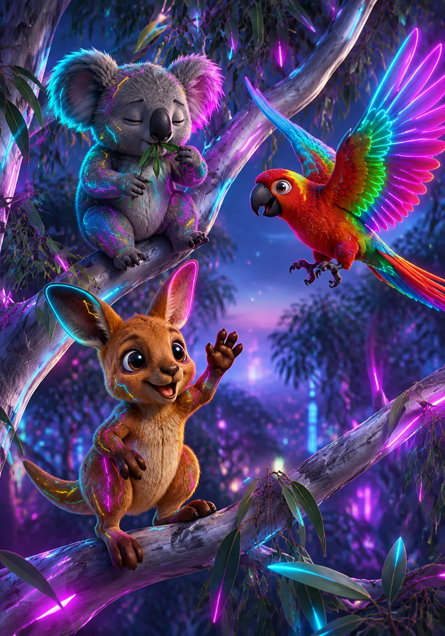 Up in the branches of a silvery eucalyptus tree, a sleepy koala named Cuddles was slowly munching on green leaves. Kip hopped over and waved hello, watching as a colorful parrot swooped down to chat. The bush was alive with morning sounds, from the rustling leaves to the soft chatter of nearby birds.