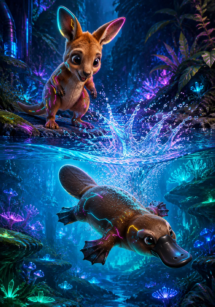As Kip hopped down to a cool, shaded creek, he spotted a strange and wonderful creature splashing in the water. It was Pip the platypus, gliding smoothly through the ripples with his webbed feet and flat bill. Pip dived underwater with a splash, showing Kip how beautiful the hidden river world could be.
