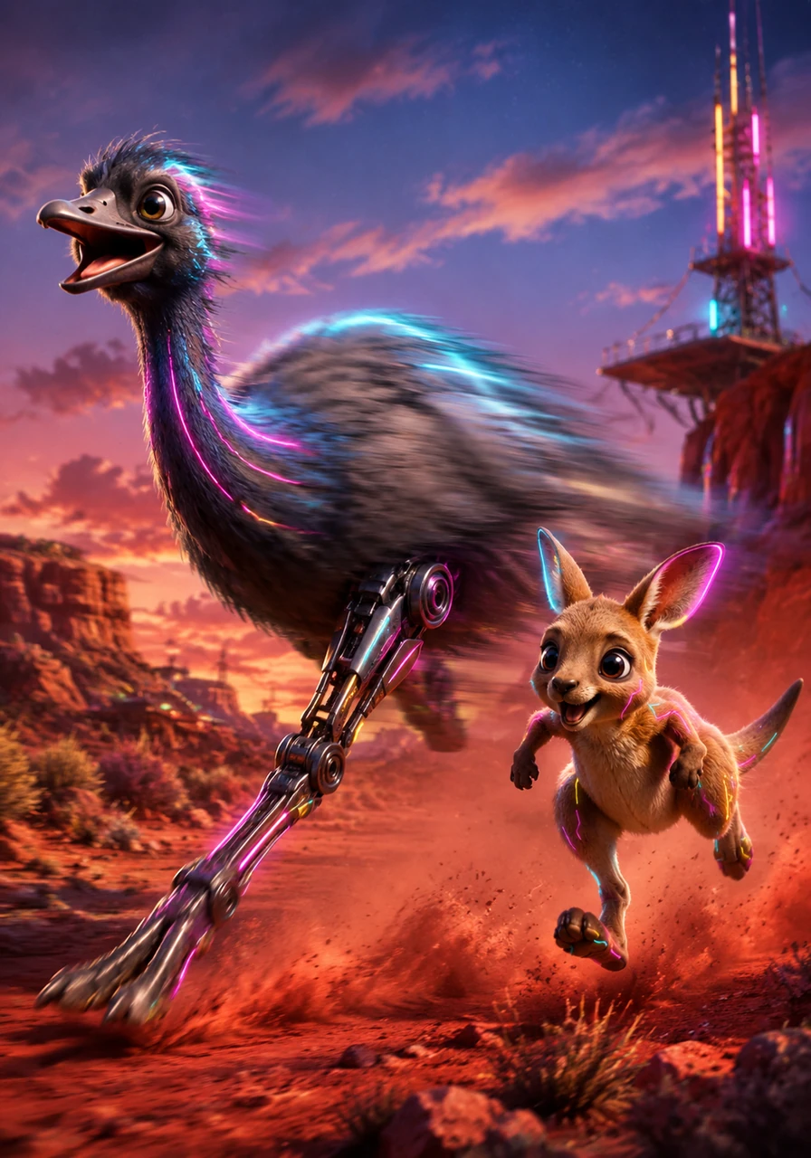 Suddenly, a blurred shape dashed past Kip at lightning speed, kicking up a small cloud of red dust. It was Dash the emu, a giant bird with long legs who loved to race the outback wind. Kip tried his best to hop fast and keep up, giggling as the friendly bird gave a cheerful whistle.