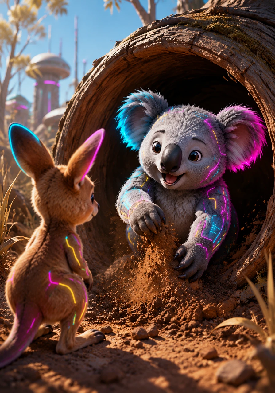 Resting near a hollow log, Kip met a round, furry wombat named Wally who was busy digging a cozy underground home. Wally showed Kip his strong paws, explaining how he builds safe tunnels to stay cool during the hot sunny days. Kip realized that every animal in the bush had a special skill.