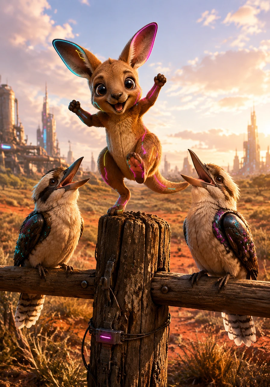 As the afternoon heat rolled in, Kip found a pair of kookaburras perched high on a wooden fence post. Suddenly, they threw back their heads and burst into a loud, ringing chorus of laughter that echoed across the plains. Kip couldn't help but hop up and down, joining in the joyful, infectious melody.