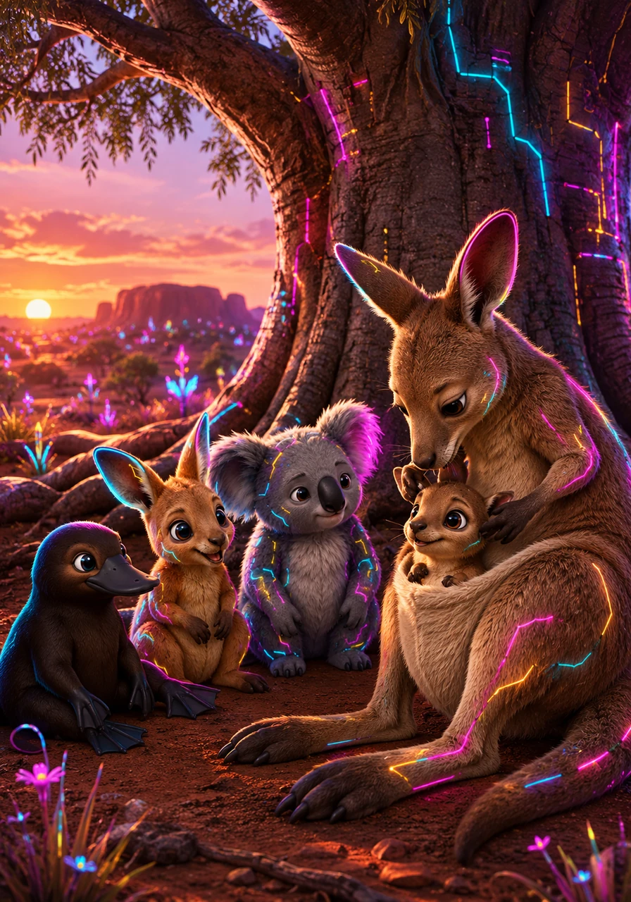 In the shade of a giant boab tree, Kip discovered a mother wallaby gently grooming her tiny joey. He watched quietly, feeling a warm sense of comfort as he remembered his own mother's loving pouch. The outback was full of families, big and small, all taking care of one another.