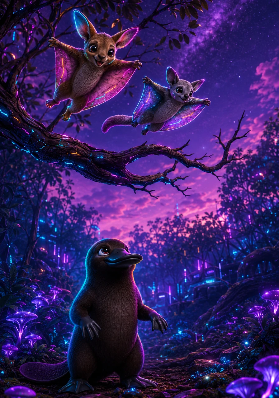 The sky turned a deep, magical purple as a family of fluffy sugar gliders launched themselves from a high branch. They soared gracefully through the twilight air, their tiny capes catching the breeze. Kip watched in awe from below, fascinated by the nighttime secrets of the bush.