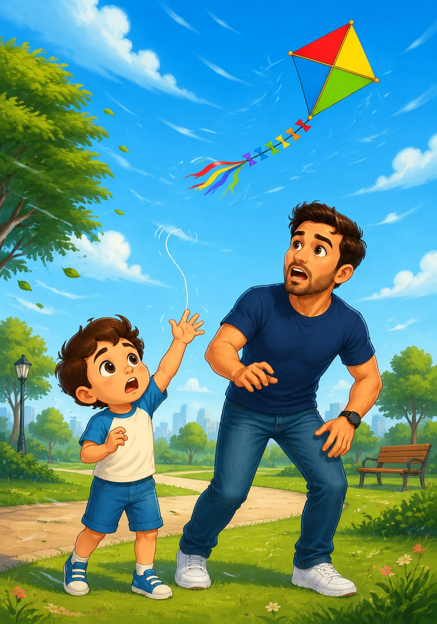 On a bright, breezy afternoon, a father named Emrah and his young son Alperen visit a bustling park to fly their favorite kite. Suddenly, a strong gust of wind tugs the string out of Alperen's hand, sending the colorful kite tumbling freely into the clear blue sky.