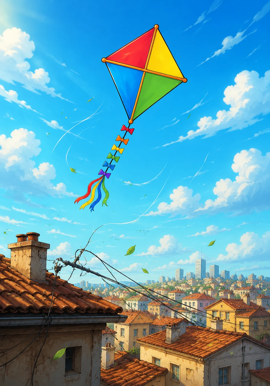 The runaway kite drifts over the city and gets caught tightly in the wires of a house roof, swaying gently in the night breeze. The next morning, a fresh wind helps the kite break free from the wire, allowing it to soar higher and begin an unpredictable journey to unknown lands.
