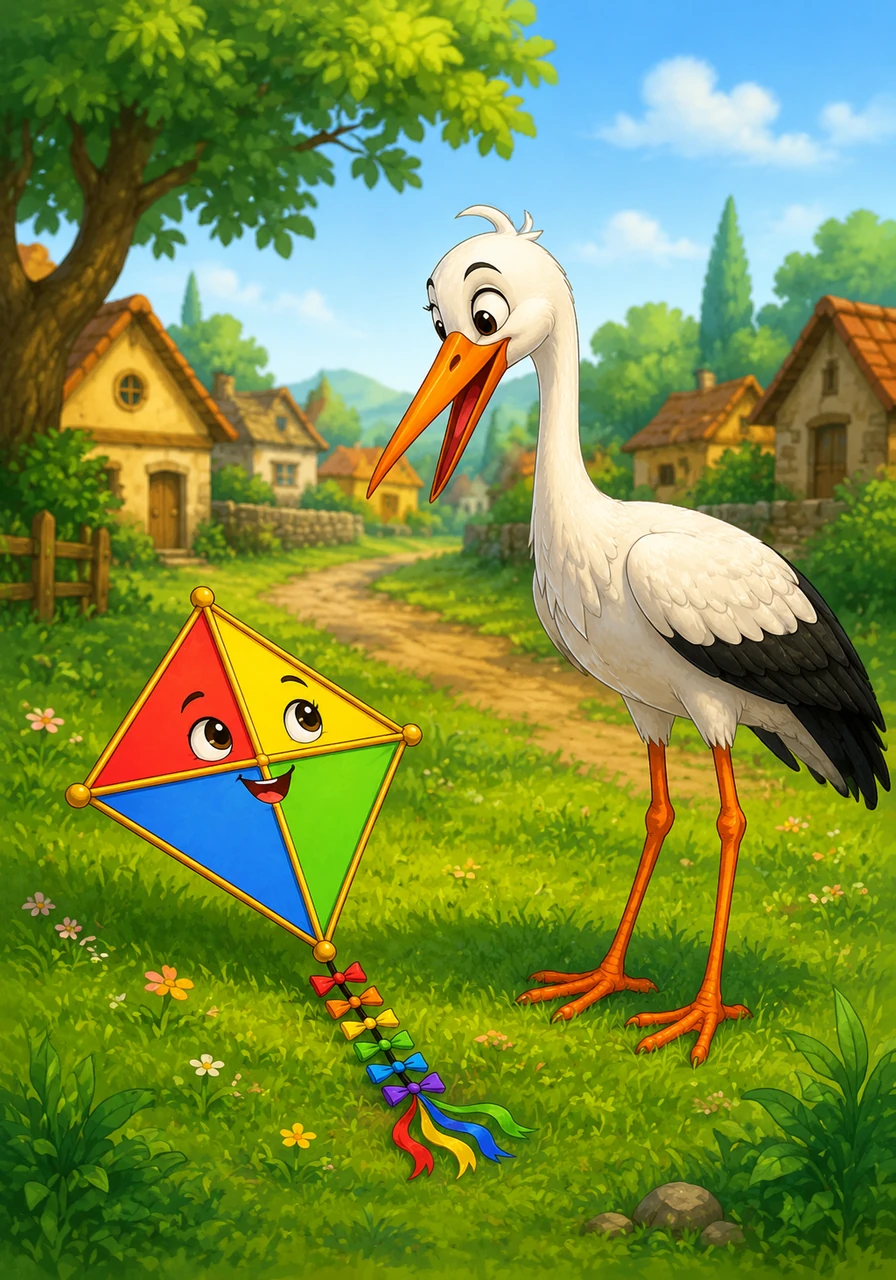 The kite travels far and lands in a quiet, mysterious village called Karaköy, surrounded by lush green fields. There, it encounters a friendly, long-legged stork named Pati, who welcomes the unique flying visitor with a cheerful clack of its beak.
