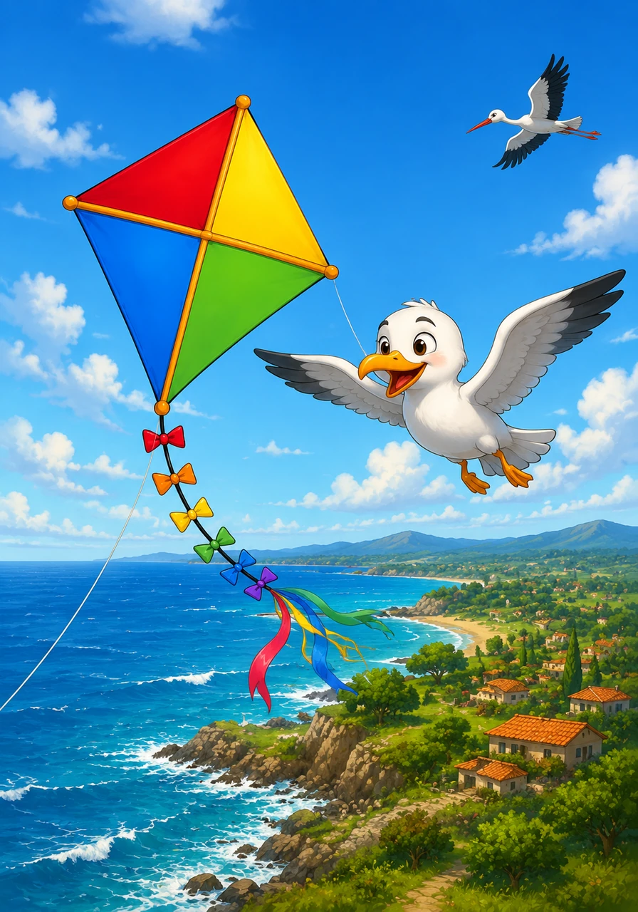 Bidding farewell to the stork, the kite rides the ocean winds and crosses the sea into a beautiful new country. As it glides over the coast, it meets a spirited seagull named Can, who happily circles around the colorful kite.