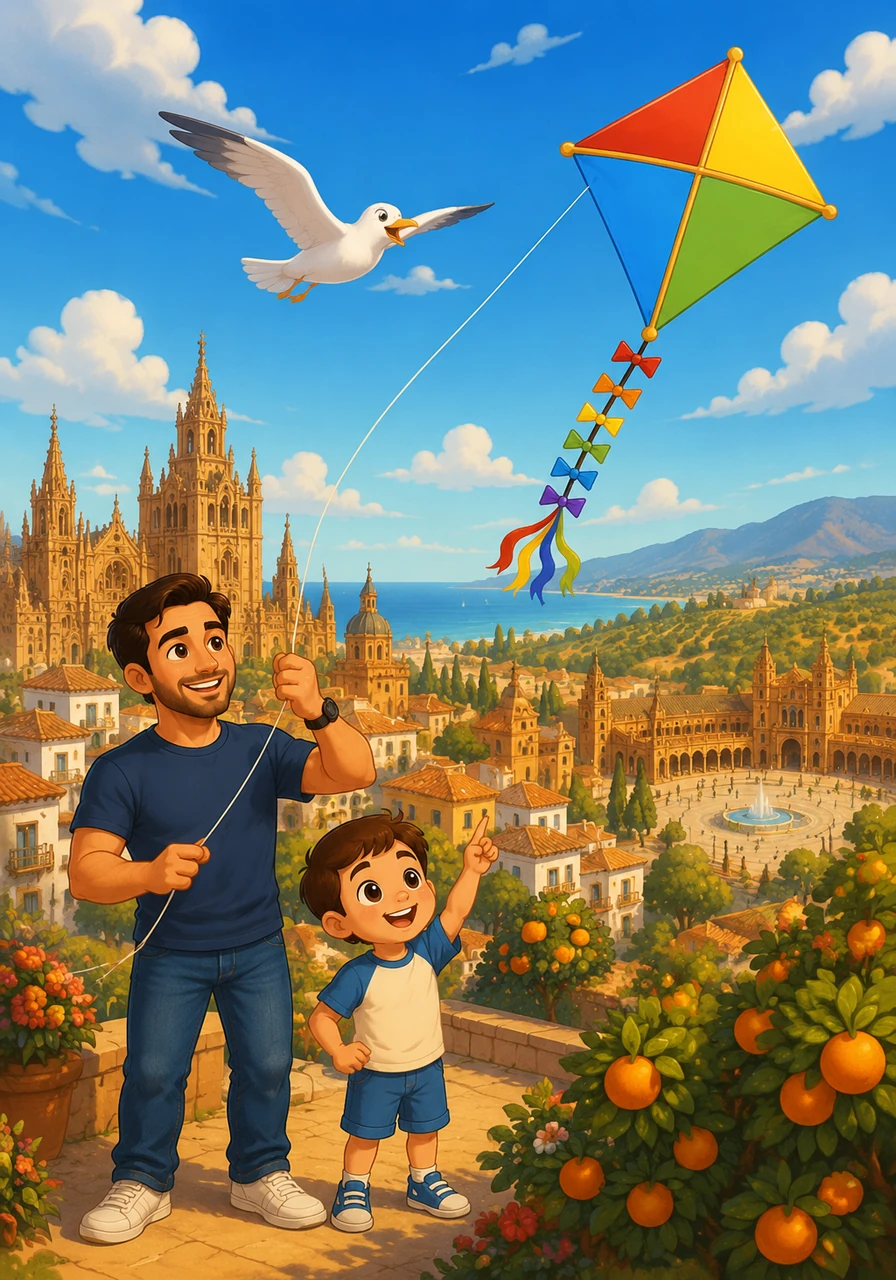 The country is Spain, and Can the seagull takes the kite on a breathtaking tour over magnificent sun-drenched cathedrals, lively plazas, and orange groves. The kite falls in love with the vibrant music and warm atmosphere of Spain, wishing it could stay forever.