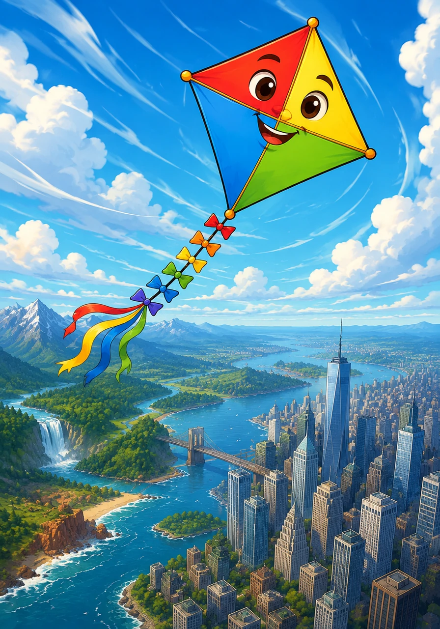 Though the kite wants to linger in Spain, the pulling winds urge it to move onward across the vast Atlantic Ocean. After a long flight, it arrives in America, marveling at the towering skyscrapers and expansive landscapes below.