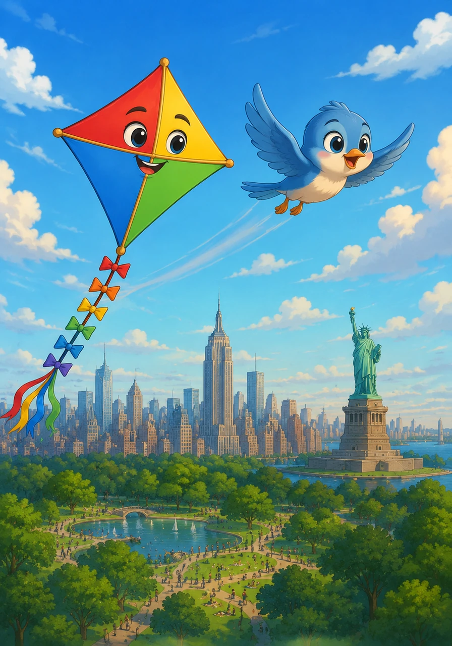 In America, the kite befriends a sweet little bird named Damla, who shows it around the spectacular sights of the country. Damla guides the kite through bustling city parks and over grand landmarks, sharing stories of the vast continent.