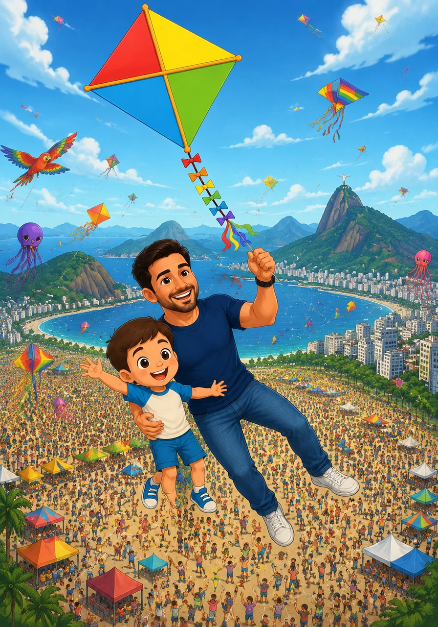 The wind carries the kite south into the vibrant and warm country of Brazil, where the air is filled with joyful music. By wonderful chance, the kite drifts right into the middle of a massive, colorful international kite flying competition filled with cheering crowds.