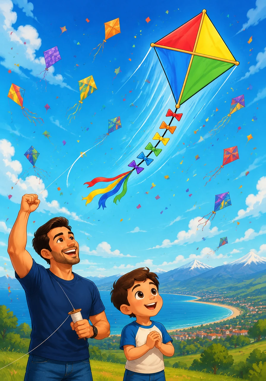 The runaway kite joins the race, dancing and swooping through the air with unmatched grace and speed. Defeating all the other participants, the brave little kite wins first place, concluding its incredible worldwide journey with a proud victory.