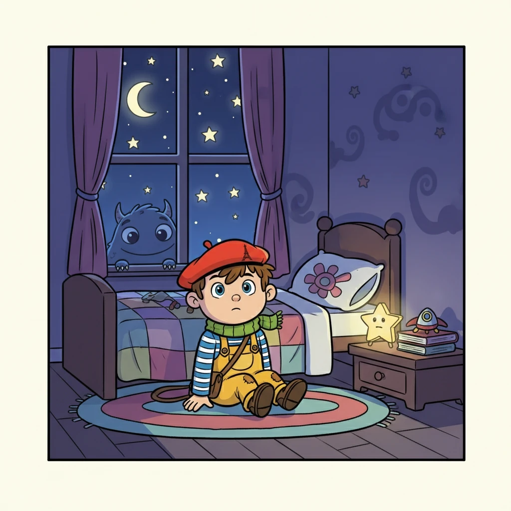 Théo était un petit garçon qui aimait beaucoup les étoiles. Chaque soir, il s'asseyait près de sa fenêtre, regardant le ciel et se sentant un peu seul dans sa chambre. Des ombres étranges dansaient sur les murs, et des monstres, nés de son imagination, se cachaient sous son lit.