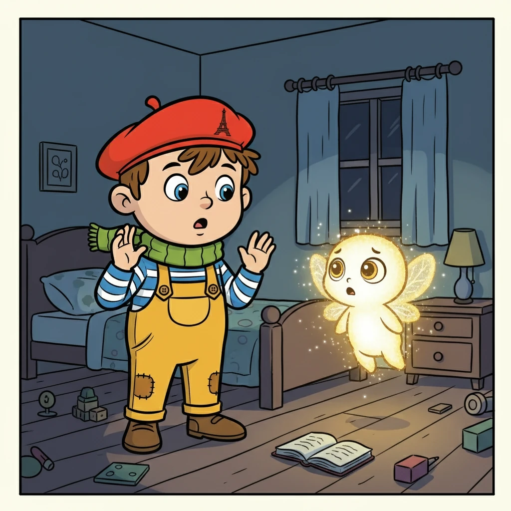 Un soir, un petit bruit attira son attention. Une petite créature, avec des yeux brillants et des ailes minuscules, apparut. Elle était faite de lumière et semblait aussi effrayée que lui. Théo, surpris, resta immobile.