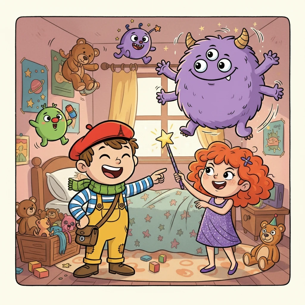 Ensemble, Théo et Lumina explorèrent la chambre. Lumina lui montra comment transformer ses peurs en jeux. Ils rirent en imaginant des monstres farceurs qui aimaient les câlins et les blagues.