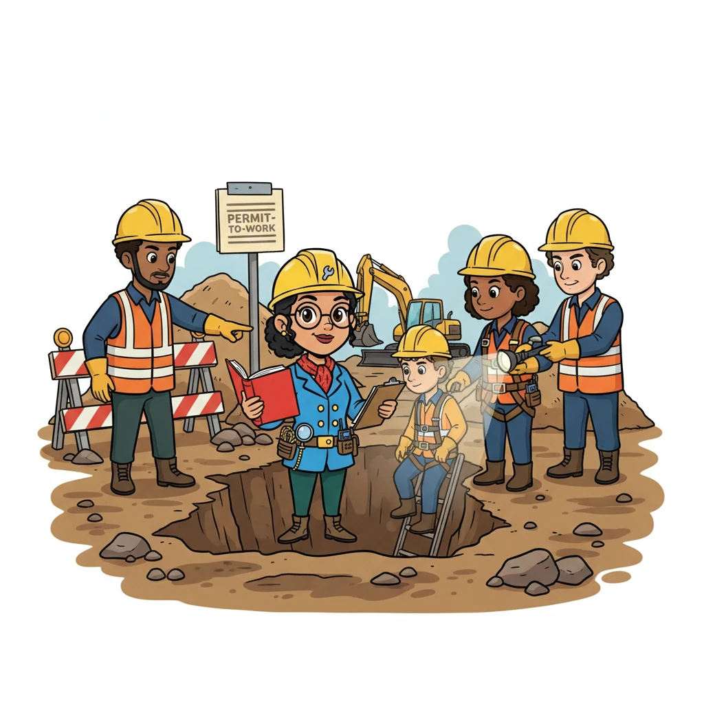 Anya, with her team, began inspecting various areas. They examined confined spaces, like deep trenches, and reviewed excavation sites, looking for potential hazards. They checked for proper protective gear and if the permit-to-work system was being followed correctly. Anya made sure the team was vigilant in their observations.