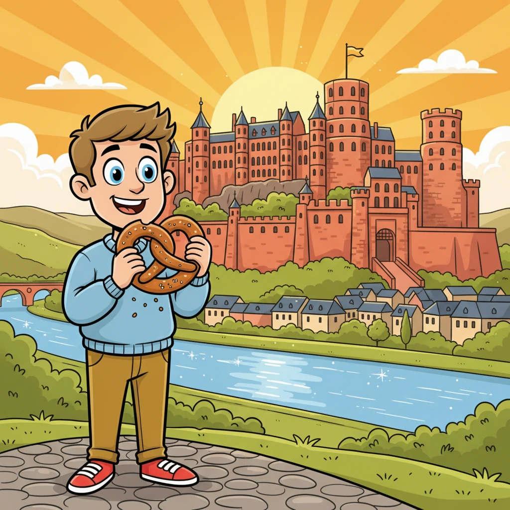 Die Sonne strahlt golden auf das majestätische Heidelberger Schloss, dessen roter Sandstein warm leuchtet. Unten im Tal glitzert der Neckar friedlich. Markus genießt eine frisch gebackene Brezel, während er sich auf eine besondere Schlossführung freut.