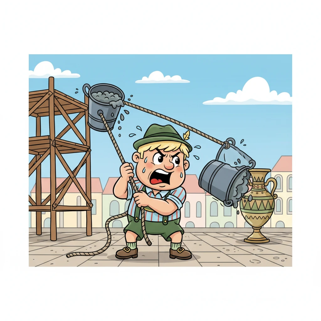 An der Scheffelterrasse hängt ein wackeliges Baugerüst. Ein riesiger Kübel voller Mörtel baumelt gefährlich an einem Seil, droht zur Seite zu schwingen und eine wertvolle historische Vase zu zerschmettern. Schorsch hält das Seil mit bloßen Händen, der Schweiß rinnt ihm von der Stirn.