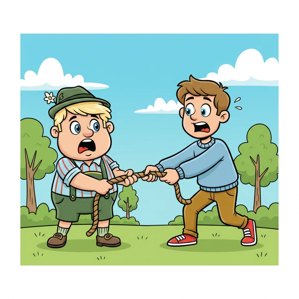 Schorsch entdeckt Markus in seinem karierten Hemd und brüllt panisch: „He, Sie da! Mit dem karierten Hemd! Kommen Se mol her! Schnell!“ Pflichtbewusst eilt Markus herbei, und Schorsch drückt ihm das raue Hanfseil in die Hand.