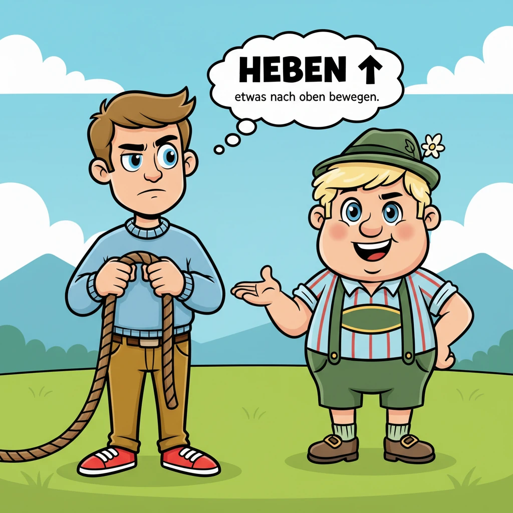 Markus hält das Seil fest. Er denkt über Schorschs Anweisung „Heben Sie des mol gut fest!“ nach. In seinem Kopf erscheint das Wort „Heben“ aus dem Duden: etwas nach oben bewegen. Er nickt entschlossen, überzeugt, die Bedeutung genau verstanden zu haben.