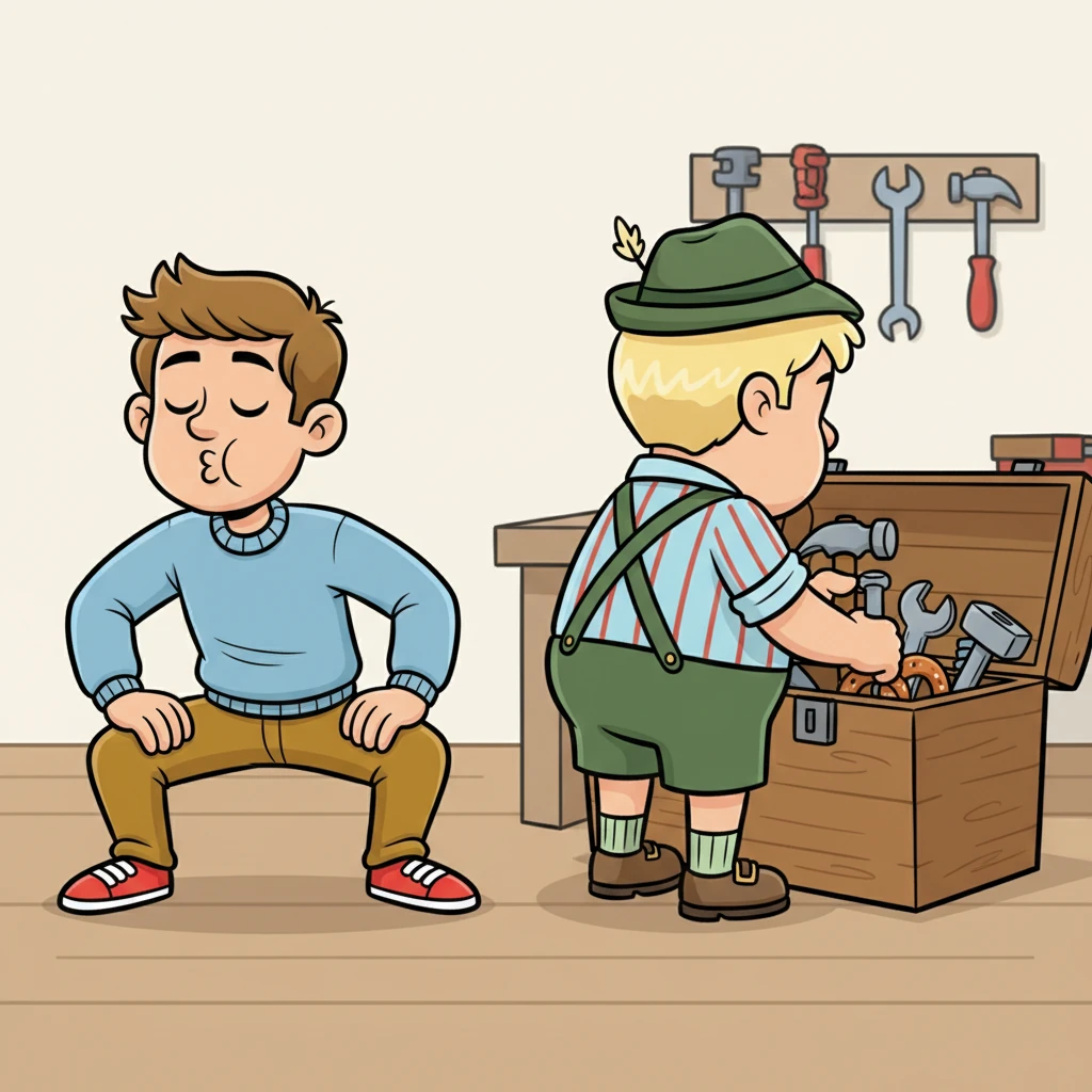 Markus atmet tief ein, geht in die Knie, wie er es im Büro-Yoga gelernt hat, um den Rücken zu schonen. Schorsch dreht sich inzwischen um und wühlt in seiner Werkzeugkiste, um einen Haken zu suchen, während Markus sich auf seine Kraftanstrengung vorbereitet.