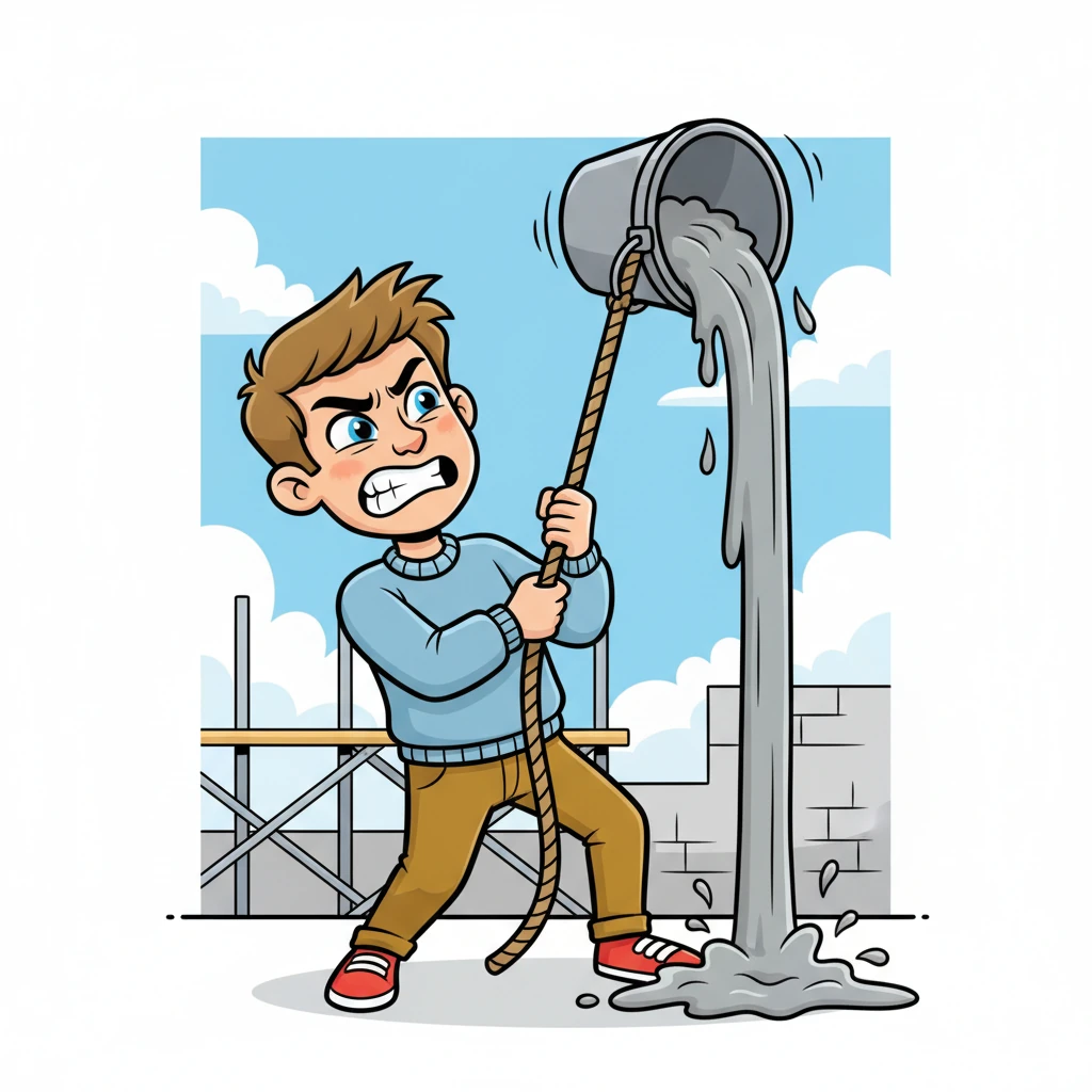 Mit einem lauten Ruck zieht Markus das Seil mit aller Kraft nach oben. Der schwere Mörtelkübel schießt einen Meter in die Höhe, verliert das Gleichgewicht und kippt langsam zur Seite. Grauer, zähflüssiger Mörtel ergießt sich in Zeitlupe aus dem Kübel.